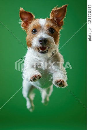 Dog jumping on green isolated background. Active Jack Russell in studio on chromakey background 121728136