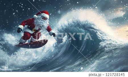 Santa Claus on a surfboard on ocean waves. New Year and Christmas active vacation concept Santa Claus on a surfboard on ocean waves. New Year and Christmas active vacation concept 121728145