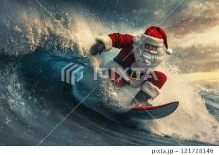 Santa Claus on a surfboard on ocean waves. New Year and Christmas active vacation concept Santa Claus on a surfboard on ocean waves. New Year and Christmas active vacation concept 121728146