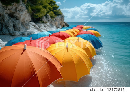 Lots of colored umbrellas to create shade on a hot day at the beach. Colorful umbrellas are spread out on the tropical beach Lots of colored umbrellas to create shade on a hot day at the beach. Colorful umbrellas are spread out on the tropical beach 121728154