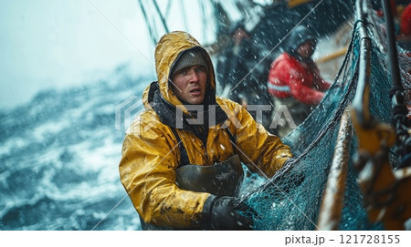 A fisherman catches fish with nets on an industrial fishing vessel in the northern seas. Industrial fishing A fisherman catches fish with nets on an industrial fishing vessel in the northern seas. Industrial fishing 121728155