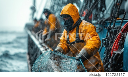 A fisherman catches fish with nets on an industrial fishing vessel in the northern seas. Industrial fishing A fisherman catches fish with nets on an industrial fishing vessel in the northern seas. Industrial fishing 121728157