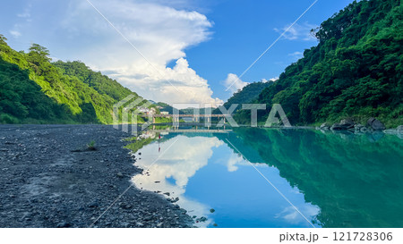 Reflective River and Mountains in Wulai, Taiwan. 121728306
