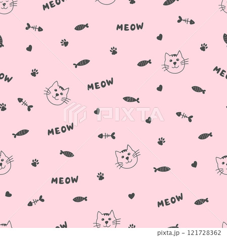 Cat faces, paws, meow seamless pattern vector. Hand drawn doodle pattern. Vector illustration 121728362