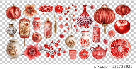 Set of isolated Chinese New Year decoration elements in watercolor illustration style on a transparent background. Volume 6: vivid red, white and gold color tones. 121728923