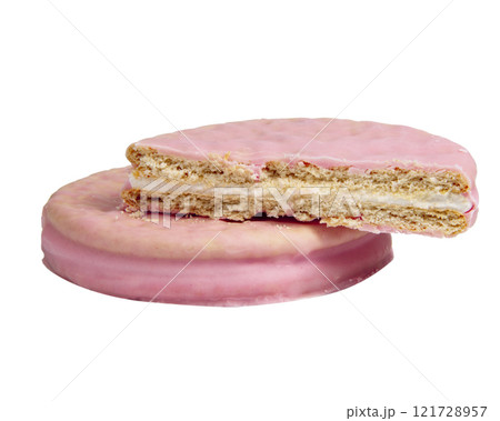 Pink cookies strawberry flavor isolated on the white background Pink cookies strawberry flavor isolated on the white background 121728957