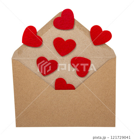 Brown craft envelope with felt hearts love concept isolated on the white background 121729041