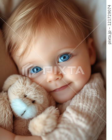 Portrait of a baby girl with big blue eyes gently cuddling a soft teddy bear in a cozy setting 121729074