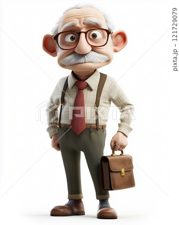 3D model of retired old man with glasses, gray hair, and briefcase, dressed in plaid shirt and suspenders, exuding friendly demeanor, ai generative 121729079