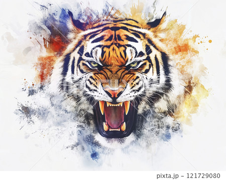 Fierce tiger illustration with vibrant colors and expressive features, showcasing its powerful presence and intensity. stunning representation of wildlife art, ai generative 121729080
