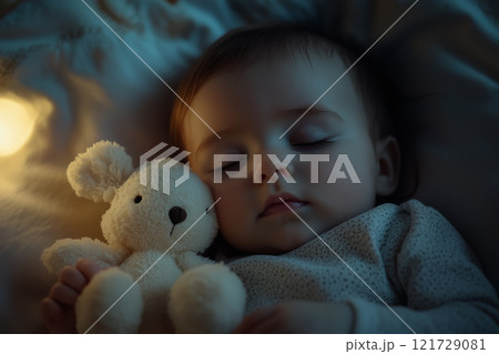 Peaceful baby sleeping with teddy bear in soft lighting at night 121729081
