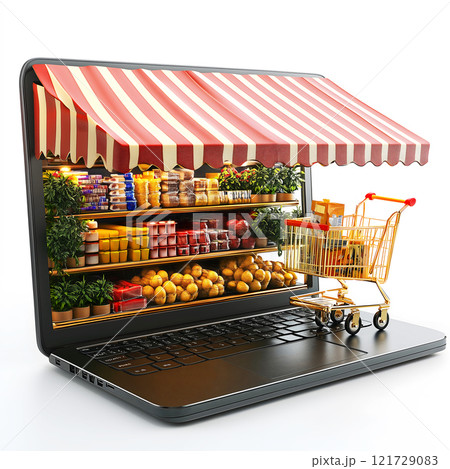 laptop displaying vibrant supermarket scene with shelves of groceries and shopping cart. This creative image blends technology and shopping, evoking convenience and modern retail, ai generative 121729083