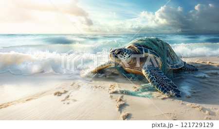 turtle struggling on beach, entangled in fishing net, highlights urgent need for ocean conservation. serene waves and sky contrast with turtle plight, ai generative 121729129