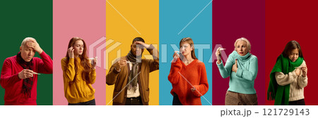 Collage of people of different age and gender measuring their body temperatures with thermometers, expressing concern about fever, set against colorful backdrops. Collage of people of different age and gender measuring their body temperatures with thermometers, expressing concern about fever, set against colorful backdrops. 121729143