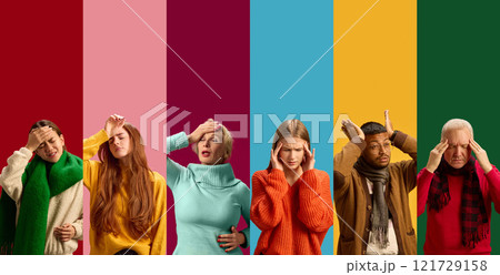Collage of different people of diverse age showing expressions of headaches, each standing against multicolored background Collage of different people of diverse age showing expressions of headaches, each standing against multicolored background 121729158