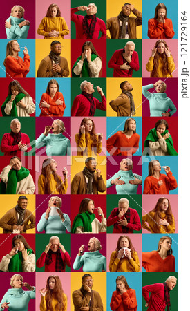 Collage of diverse people displaying various symptoms of common illnesses, including colds, headaches, stomachaches, and nasal congestion against vibrant backgrounds. Collage of diverse people displaying various symptoms of common illnesses, including colds, headaches, stomachaches, and nasal congestion against vibrant backgrounds. 121729164