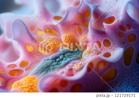 close up view of colorful, textured microscopic organism showcasing vibrant hues and intricate patterns. image captures beauty of microscopic life in stunning detail, ai generative 121729171