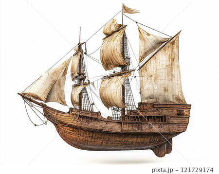 detailed wooden sailboat model with billowing sails, showcasing craftsmanship and maritime history. Perfect for nautical decor or educational purposes, ai generative 121729174