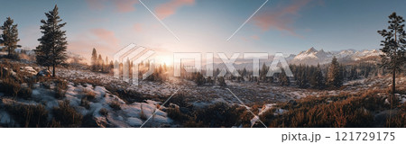 breathtaking snowy mountain landscape at sunrise, featuring tall evergreen trees, serene meadow, and majestic peaks in background. soft light creates tranquil atmosphere, ai generative breathtaking snowy mountain landscape at sunrise, featuring tall evergreen trees, serene meadow, and majestic peaks in background. soft light creates tranquil atmosphere, ai generative 121729175
