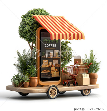 smartphone displaying coffee shop menu, surrounded by greenery and shopping carts, creates vibrant scene of modern convenience and nature, ai generative 121729297