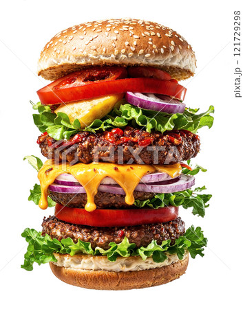 Delicious burger stacked high with fresh ingredients, including lettuce, tomatoes, onions, and melted cheese, all in sesame seed bun, perfect for hearty meal, ai generative 121729298