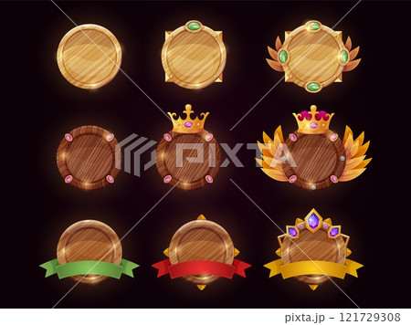 Ranking wooden shields. Game rank wood brown badges, user avatar frames for bonus trophy level achievement medieval shield or button gamer victory, ui swanky vector illustration Ranking wooden shields. Game rank wood brown badges, user avatar frames for bonus trophy level achievement medieval shield or button gamer victory, ui swanky vector illustration 121729308