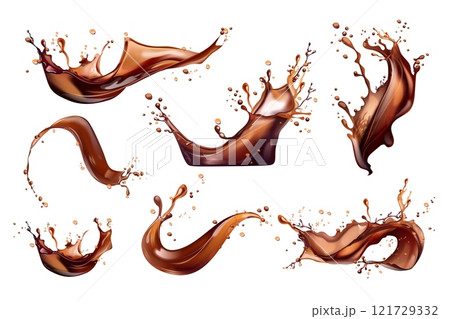 Realistic coffee splashes. Brown water liquid splash, cacao fluid spill choco or whiskey cola soda pouring splatter hot drinks splashing, 3d set isolated exact vector illustration Realistic coffee splashes. Brown water liquid splash, cacao fluid spill choco or whiskey cola soda pouring splatter hot drinks splashing, 3d set isolated exact vector illustration 121729332