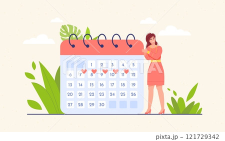 Woman menstrual calendar. Menstruation ovulation periods, menses cycle planning female reproduction health care hygiene monthly schedule control girl gynecology vector illustration Woman menstrual calendar. Menstruation ovulation periods, menses cycle planning female reproduction health care hygiene monthly schedule control girl gynecology vector illustration 121729342