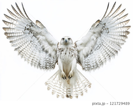 Majestic hawk with outstretched wings, showcasing its stunning white feathers and intricate patterns. This powerful bird symbolizes freedom and grace in nature, ai generative 121729489