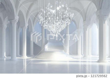 Luxurious chandelier made of white crystal illuminating an elegant staircase in a grand hall 121729562