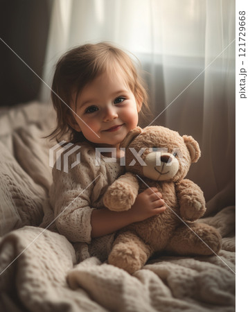 Happy toddler embraces soft teddy bear in cozy room filled with natural light during peaceful afternoon playtime 121729668