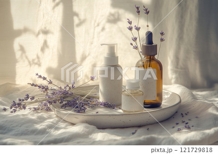 A serene display of natural skincare products with lavender accents on a soft fabric backdrop in warm, ambient light 121729818