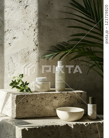 Natural skincare products elegantly arranged on textured stone surfaces with greenery in a well-lit setting 121729820