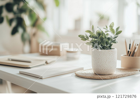 A cozy workspace featuring a green potted plant, notebooks, and stationery on a bright sunlit table in a serene home office setting 121729876