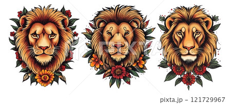Lions heads tattoo set. Leon face with flowers vintage tatoos sketches, predator front view old school grunge lion sketch retro drawing vector illustrations set 121729967