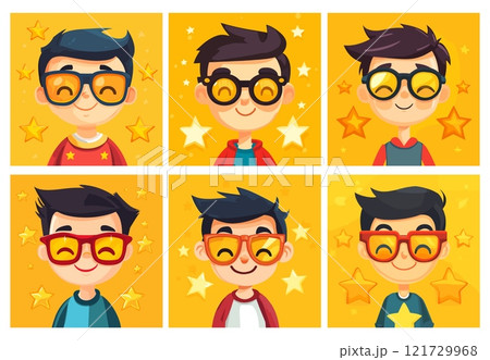 Kid boy user avatars. Funny child guy smiling face yellow portrait, cute cartoon character in glasses with stars, social media networks avatar design set vector illustration 121729968