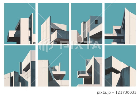 Constructivist buildings posters. Bauhaus style modern apartments or houses architecture web backgrounds retro abstract scandinavian building structures set vector illustration 121730033