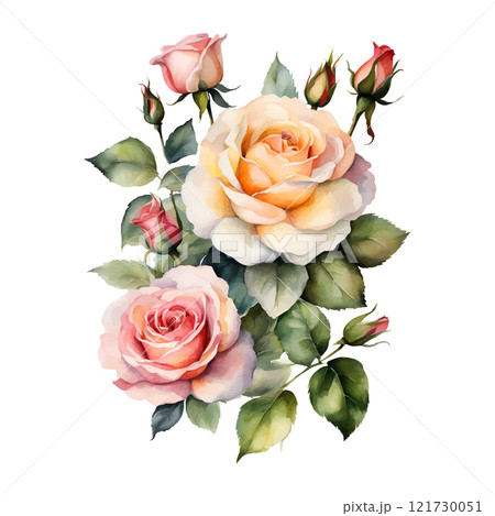 Watercolor bouquet yellow roses flowers, symbol of love, wedding, purity, vector illustration 121730051