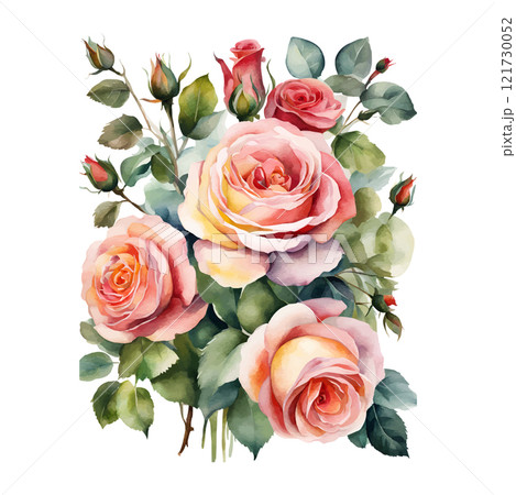 Watercolor bouquet yellow roses flowers, symbol of love, wedding, purity, vector illustration 121730052