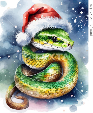 Watercolor illustration of a Christmas Snake wearing Santa Claus hat drawing. Symbol 2025 Chinese Year 121730120