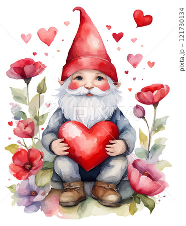 A pink gnome holding a bouquet of red roses. Watercolor cute Valentine gnome 121730134