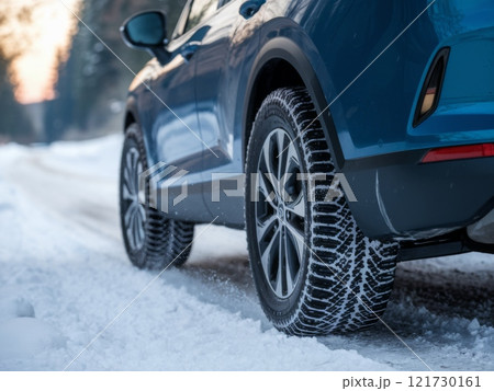 Close-up Detail of Modern SUV Winter Tire Tread Pattern on Snowy Road During Cold Season 121730161