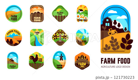 Agriculture and Farm Logo Icon Set. Green Fields, Sun, Sky, Eco Symbols in a Geometric style and Vector Illustration.. 121730223