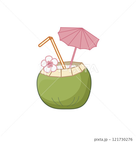 Refreshing tropical drink served in coconut with colorful umbrella and straw for summer enjoyment. Isolated vector illustration. 121730276