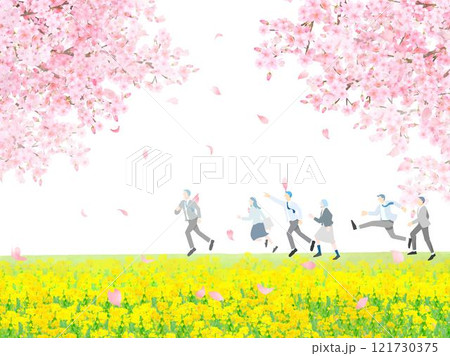 桜の木と土手沿いを走る学生男女ー横顔ー全身ー卒業入学ー人物シンプルベクターイラスト白バック背景素材 121730375