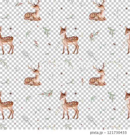 Seamless pattern with watercolor of Christmas tree and pine branches, needle and baby deer with garland. Hand painted red berries and animals illustration on isolated. Repeat background for new year. Seamless pattern with watercolor of Christmas tree and pine branches, needle and baby deer with garland. Hand painted red berries and animals illustration on isolated. Repeat background for new year. 121730433