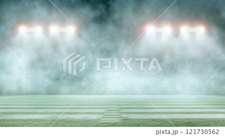American football field with bright stadium lights and fog, ideal for sports background 121730562