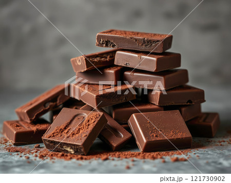 Pieces of dark chocolate sprinkled with cocoa powder on a gray background. 121730902