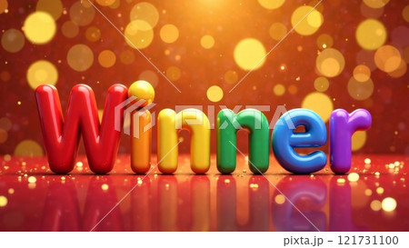 Colorful letters form the word winner, standing out vividly against a shimmering golden backdrop. The scene captures a celebratory atmosphere with light reflections enhancing the joy. Colorful letters form the word winner, standing out vividly against a shimmering golden backdrop. The scene captures a celebratory atmosphere with light reflections enhancing the joy. 121731100