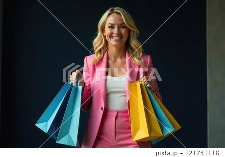 A woman wearing a pink suit smiles brightly while holding several colorful shopping bags. The modern setting highlights her fashionable choice and excitement about her recent purchases. 121731118